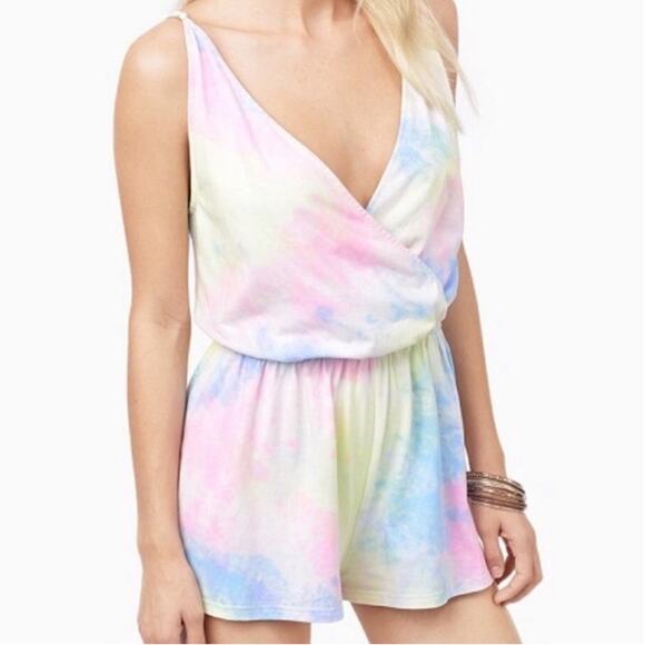 Tobi Pastel Rainbow Tie Dye Sleeveless V-Neck Surplice Romper Medium - Picture 1 of 9